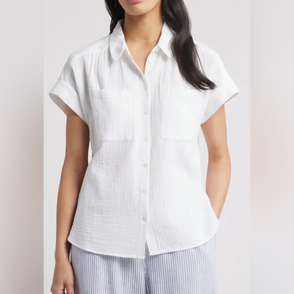 Thread & Supply White Short Sleeve Button Down Shirt 100% Cotton Size S